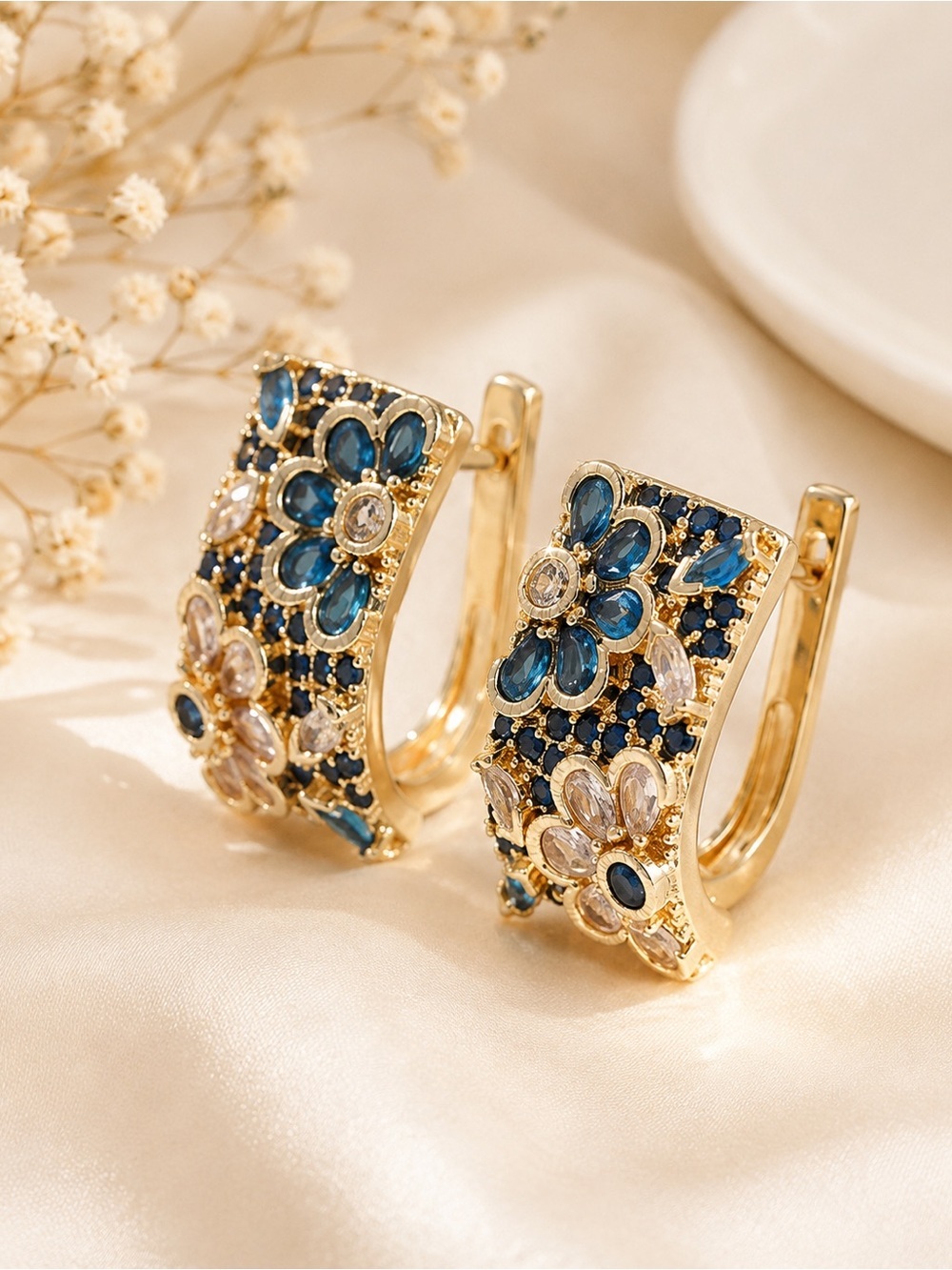 Vintage Inspired Blue Floral Crystal Hoop Earrings Gold Romantic Statement